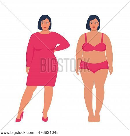 Oversize Obesity, Pretty Large Lady In Beautiful Fashionable Clothes And In Underwear. Body Positive