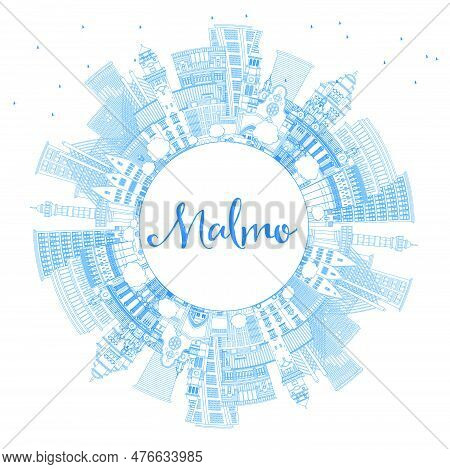 Outline Malmo Sweden City Skyline With Blue Buildings And Copy Space. Vector Illustration. Malmo Cit