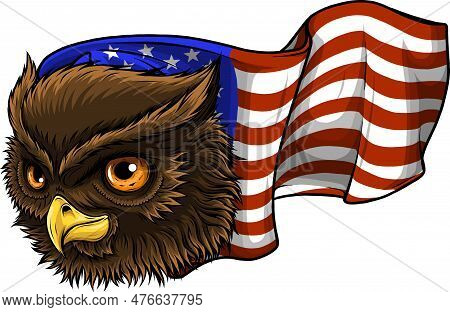 Vector Illustration Of Owl With American Flag