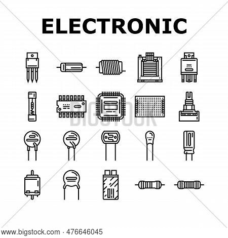 Electronic Component Circuit Chip Icons Set Vector. Technology Computer, Hardware Microchip, Process