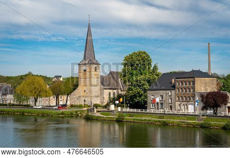 View Of Givet With Historical Notre-dame Church, Picturesque Little Town On The River Meuse In The N