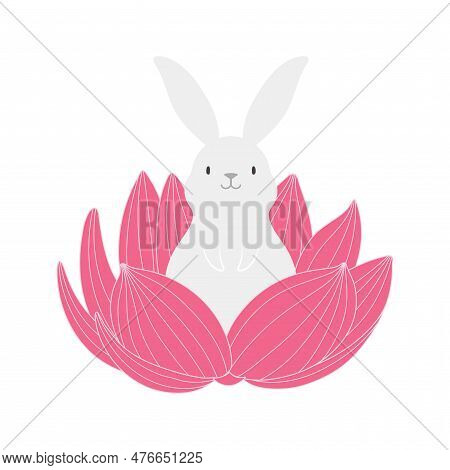 Kawaii Rabbit, Bunny In Lotus Flower Illustration. Hand Drawn Cute Cartoon Animal Character Illustra