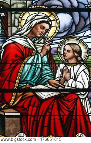 Zlatar, Croatia - November 17, 2011: Saint Anne, Stained Glass In The Parish Church Of The Assumptio
