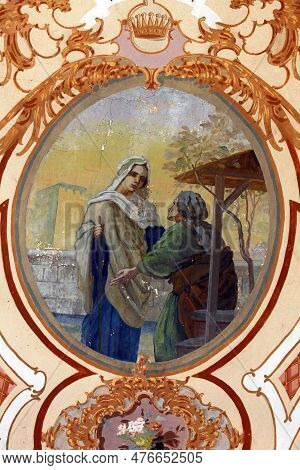Zlatar, Croatia - November 17, 2011: Visitation Of The Blessed Virgin Mary, Fresco On The Ceiling In