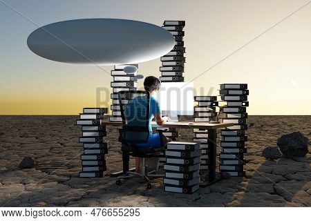 Man Sitting At Pc Office Workplace In Desert Environment With Huge Stacks Of Binders And Cloud Over 