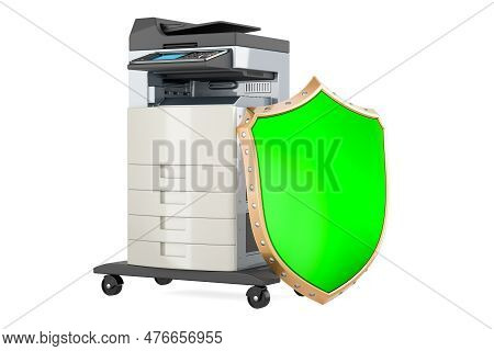 Office Multifunction Printer Mfp With Shield. 3d Rendering Isolated On White Background