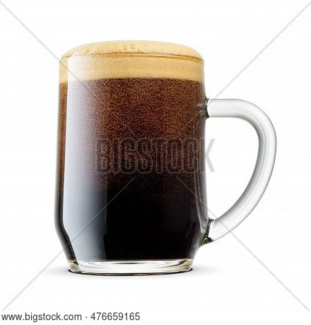 Glass Stein Of Fresh Delicious Dark Stout Beer With Cap Of Foam Isolated On White Background.
