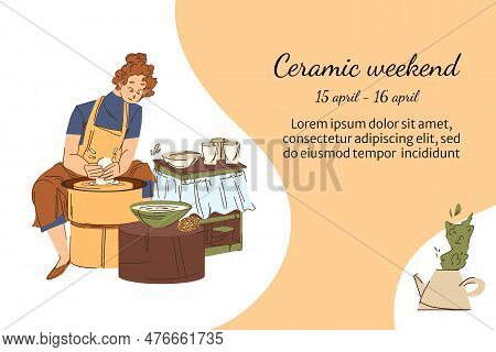 Banner Of Ceramic Workshop With Abstract Shapes On The Background And Girl Working At Potter S Wheel