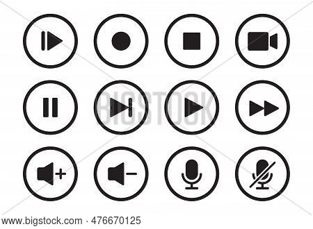 Audio, Video, Music Player Circle Button Icon. Sound Control, Play, Pause Button Solid Icon Set. Cam