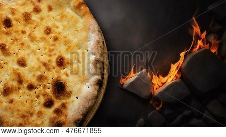 Baked Georgian Shoti Bread On A Black Stone With Fire, Authentic Georgian Cuisine