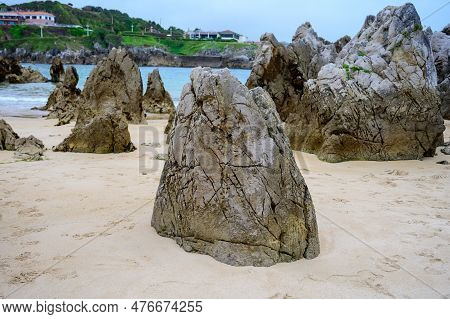 View On Playa De Toro In Llanes, Green Coast Of Asturias, North Spain With Sandy Beaches, Cliffs, Hi