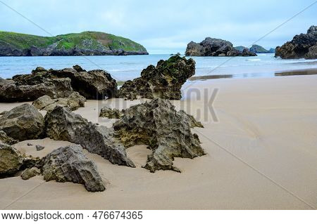 View On Playa De Borizo In Celorio, Green Coast Of Asturias, North Spain With Sandy Beaches, Cliffs,