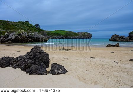 View On Playa De Borizo In Celorio, Green Coast Of Asturias, North Spain With Sandy Beaches, Cliffs,