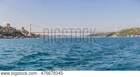 Turkey, Istanbul, Houses Below Fatih Sultan Mehmet Bridge On Bosphorus Strait