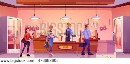 Meat Shop Keeper Vector Illustration. Cartoon Supermarket Farmer Beef Section With People Stand In Q