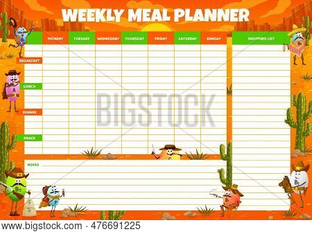 Weekly Meal Planner, Cartoon Vitamin Western Cowboy, Sheriff, Ranger And Bandit Characters, Vector F