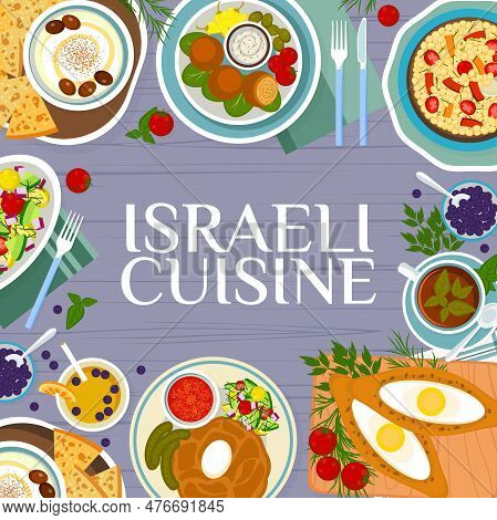 Israeli Cuisine Restaurant Menu Cover Template. Hummus With Matzah, Black Tea And Lemonade, Meat Bea