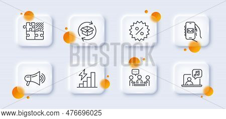 Mail App, People Chatting And Return Parcel Line Icons Pack. 3d Glass Buttons With Blurred Circles. 