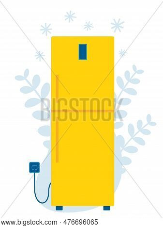 Flat Illustration Of Refrigerator. Refrigerator Vector Isolated Icon. Refrigerator And Flora Backgro