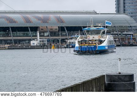 Amsterdam, The Netherlands - 8 September 2022: A Gvb Ferryboat Crossing The Ij River