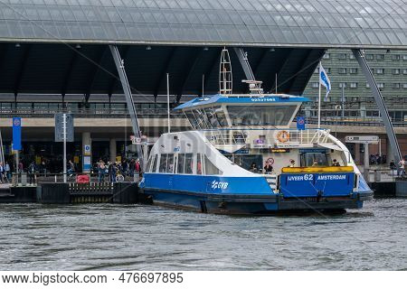 Amsterdam, The Netherlands - 8 September 2022: A Gvb Ferryboat Crossing The Ij River