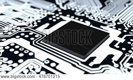 Computer Chip Processor On The Motherboard, Textolite, Black And White. 3D Render
