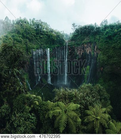Aerial Drone View Of Waterfall - Tumpak Sewu, Java. Indonesia. Asia