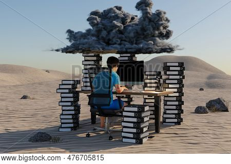 Man Sitting At Pc Office Workplace In Desert Environment With Huge Stacks Of Binders And Cloud Over 