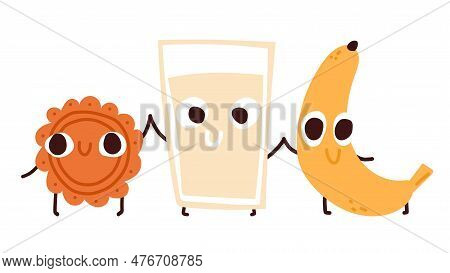 Kids Breakfast Illustration. Funny Cute Cookie, Milk And Banana Characters.