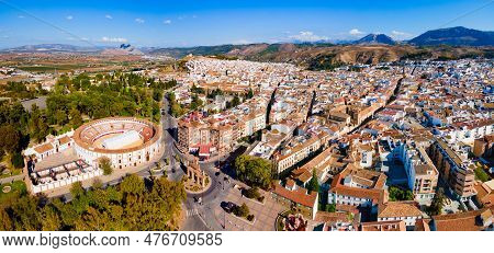 Plaza De Castilla Square And Puerta De Estepa Gate Aerial Panoramic View In Antequera. Antequera Is 