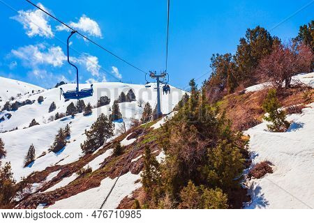 Cable Car To The Beldersay Mountain In Chimgan Region Near Taskent City In Uzbekistan In Spring