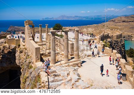 Saint Paul's Beach And Lindos Acropolis Aerial Panoramic View In Rhodes Island In Greece