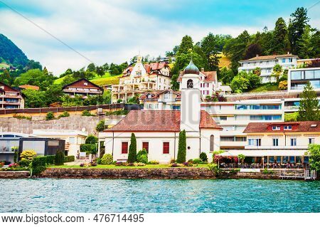 Beauty Houses In Weggis. Weggis Is A Town On The Northern Shore Of Lucerne Lake In The  Luzern Canto