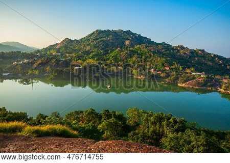 Mount Abu And Nakki Lake Aerial Panoramic View. Mount Abu Is A Hill Station In Rajasthan State, Indi
