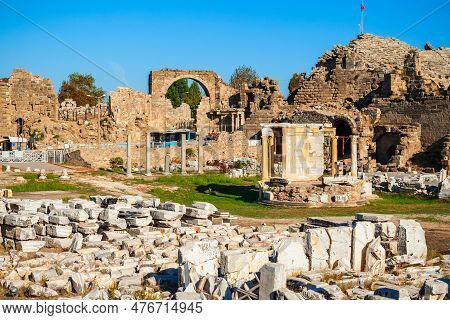 Side Tyche Temple At The Ancient City Of Side In Antalya Region On The Mediterranean Coast Of Turkey