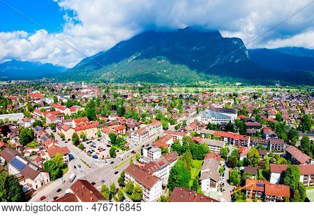 Garmisch-partenkirchen And Zugspitze Mountain Aerial Panoramic View. Garmisch Partenkirchen Is An Al