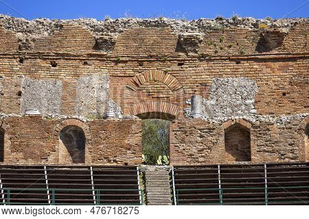 Taormina, Sicily, Italy - April 28, 2023: Ancient Theatre Of Taormina (teatro Antico Di Taormina), R
