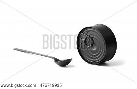 Black Matte Round Closed Tin Can And Black Spoon On A White Background Isolated, Tinned Food, Canned