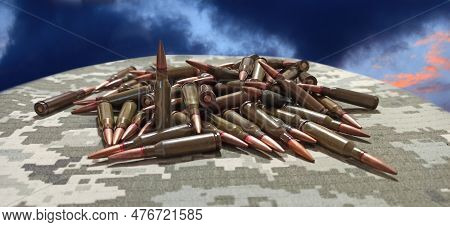 Cartridges For The Kalashnikov Assault Rifle. War Concept. Pile Of Cartridges With Bullets. Means Of