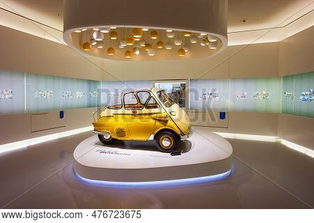 Munich, Germany - July 08, 2021: 1955 Bmw Isetta 250 Microcar In Bmw Museum. It Is An Automobile Mus