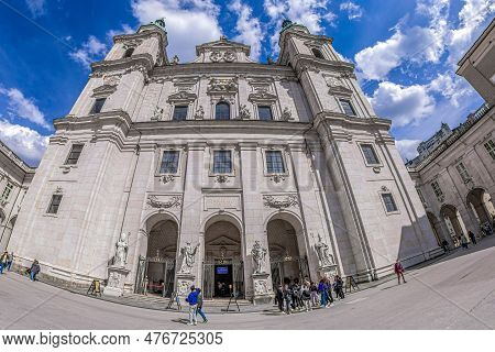 Salzburg, Austria - April 27, 2023: Exterior Of The Medieval Salzburg Cathedral, The Xvii Th-century