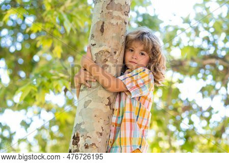 Child Hugging A Tree Branch. Little Boy Kid On A Tree Branch. Kid Climbs A Tree. Active Kid Playing 