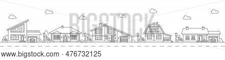 Neighborhood Line Art Outline Village Or Town House Buildings. Town Real Estate Property Buildings P