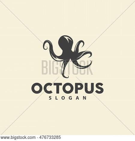 Octopus Logo, Sea Animals Vector, Seafood Ingredients Cuttlefish Tentacles Icon Silhouette Design