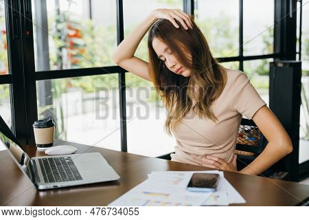 Businesswoman Freelance Suffering From Neck Ache Pain Caused By Long Time Laptop Usage, Tired Office