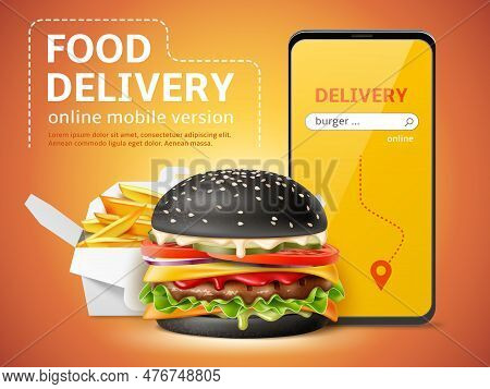 Fast Food Order App. Realistic Hamburger With Black Sesame Bun, French Fries Packing, Phone Applicat