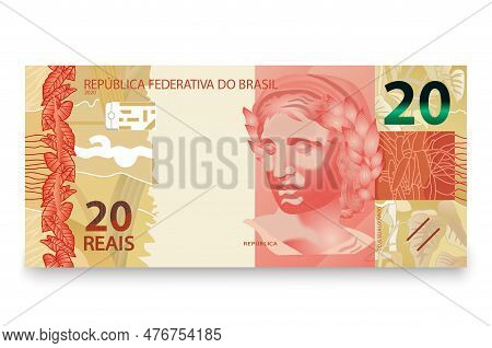 Banknote Of Twenty Brazilian Money. Brazilian Real. Vector Illustration.