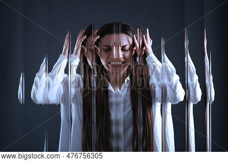 Woman Suffering From Paranoia On Dark Background, Glitch Effect