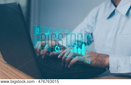 Data Science Analyst Working With Statistics And Report On Computer. Concept With Icons Of Charts An