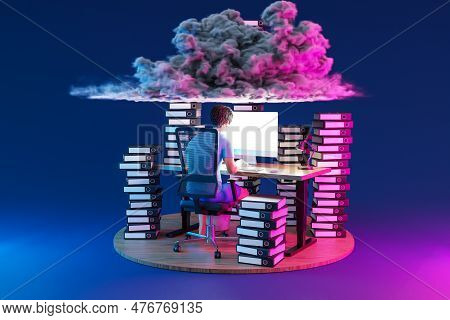 Man Sitting At Pc Office Workplace On Infinite Background With Stacks Of Document Binders And Cloud 